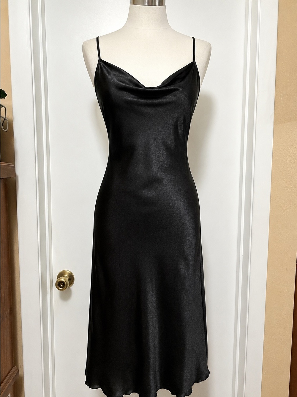 Vintage Y2K Bebe Black Satin Slip Dress XS Made USA Cowl Neck Midi Dress